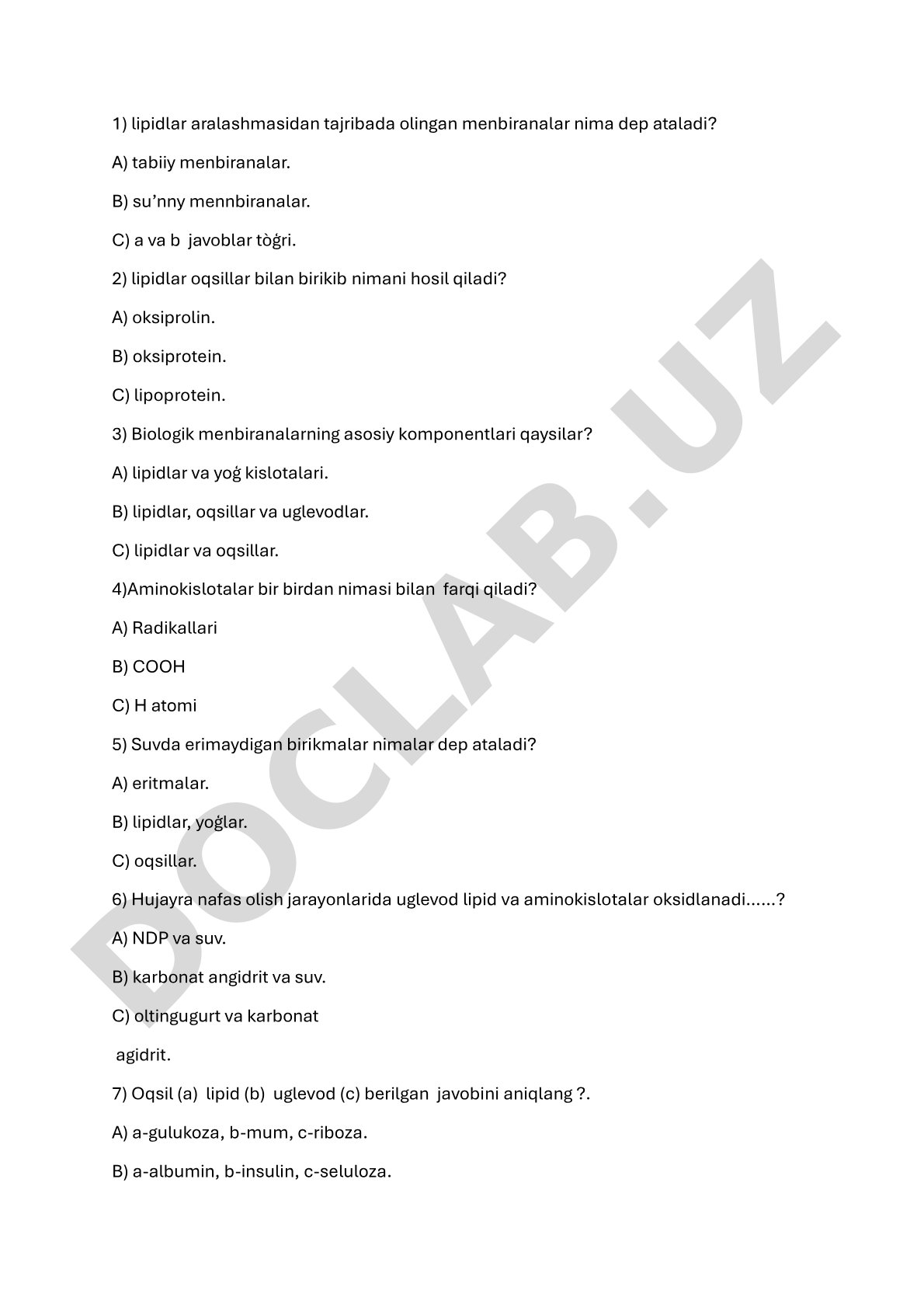 Lipidlar va biologik membranalar bo'yicha test savollari
