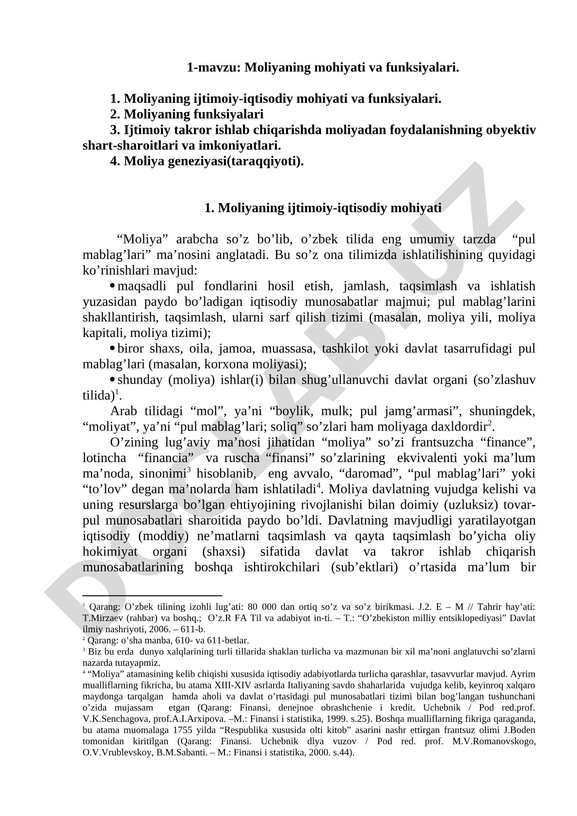 Moliyaning mohiyati va funksiyalari