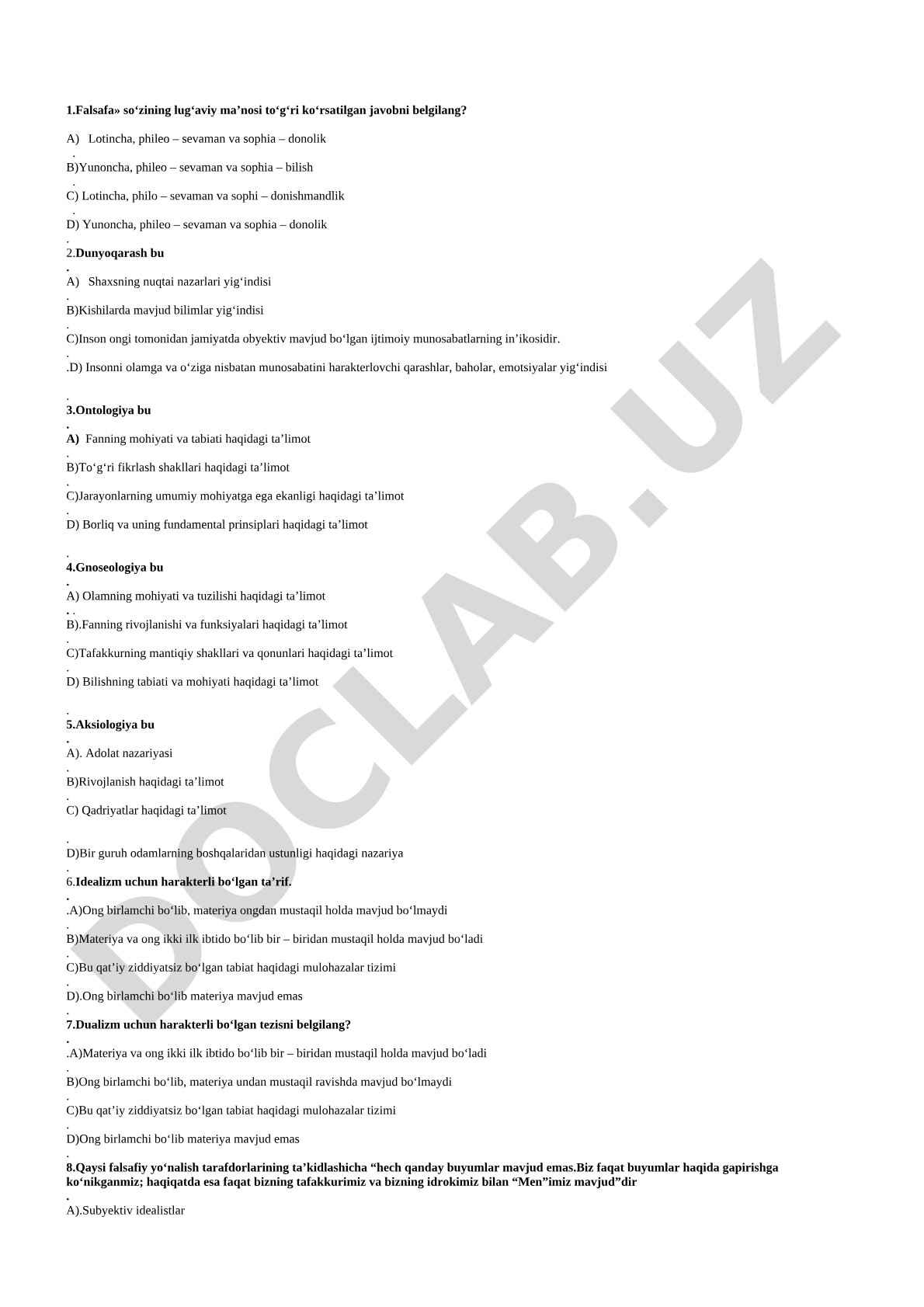 Falsafa fanidan test savollari