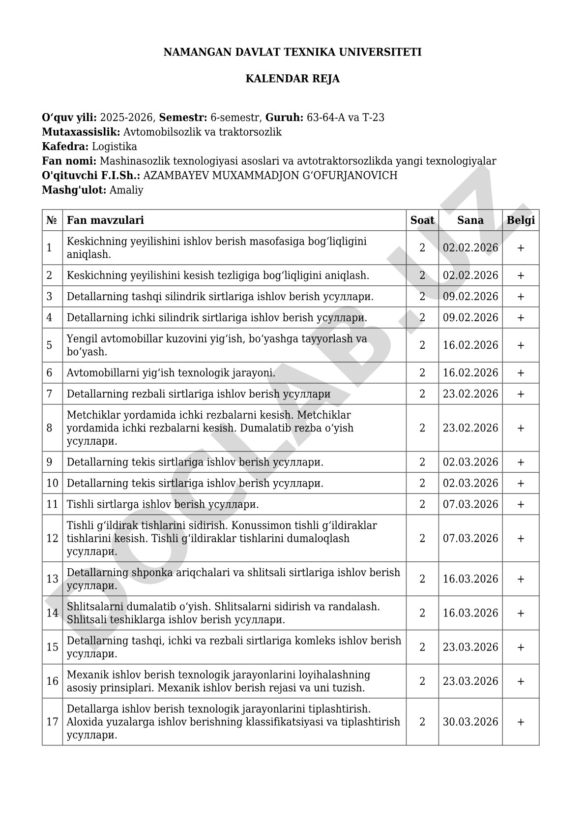 Mashinasozlik texnologiyasi asoslari va avtotraktorsozlikda yangi texnologiyalar