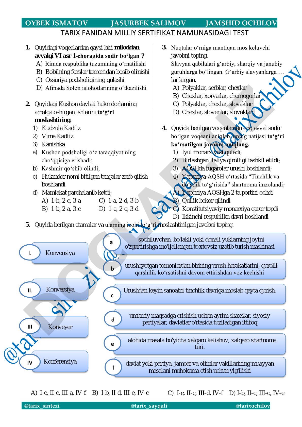 Tarix fanidan milliy sertifikat namunasidagi test