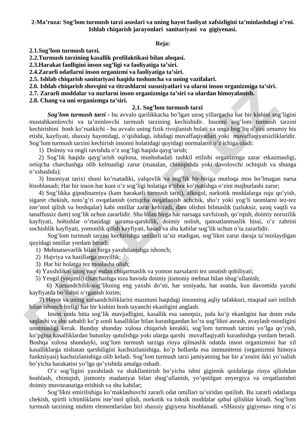 Sog'lom turmush tarzi asoslari va ishlab chiqarish sanitariyasi