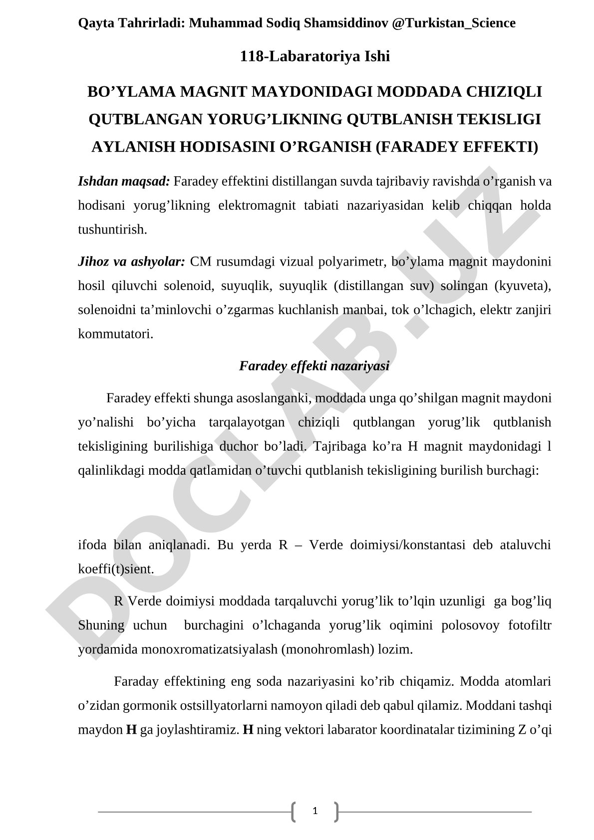 Faradey effekti: magnit maydonda qutblangan yorug'lik tekisligining aylanishi