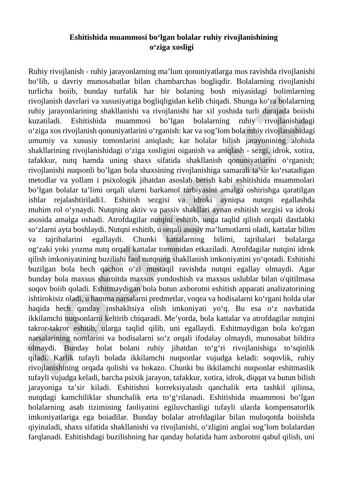 Eshitishida muammosi bo‘lgan bolalar ruhiy rivojlanishining o‘ziga xosligi