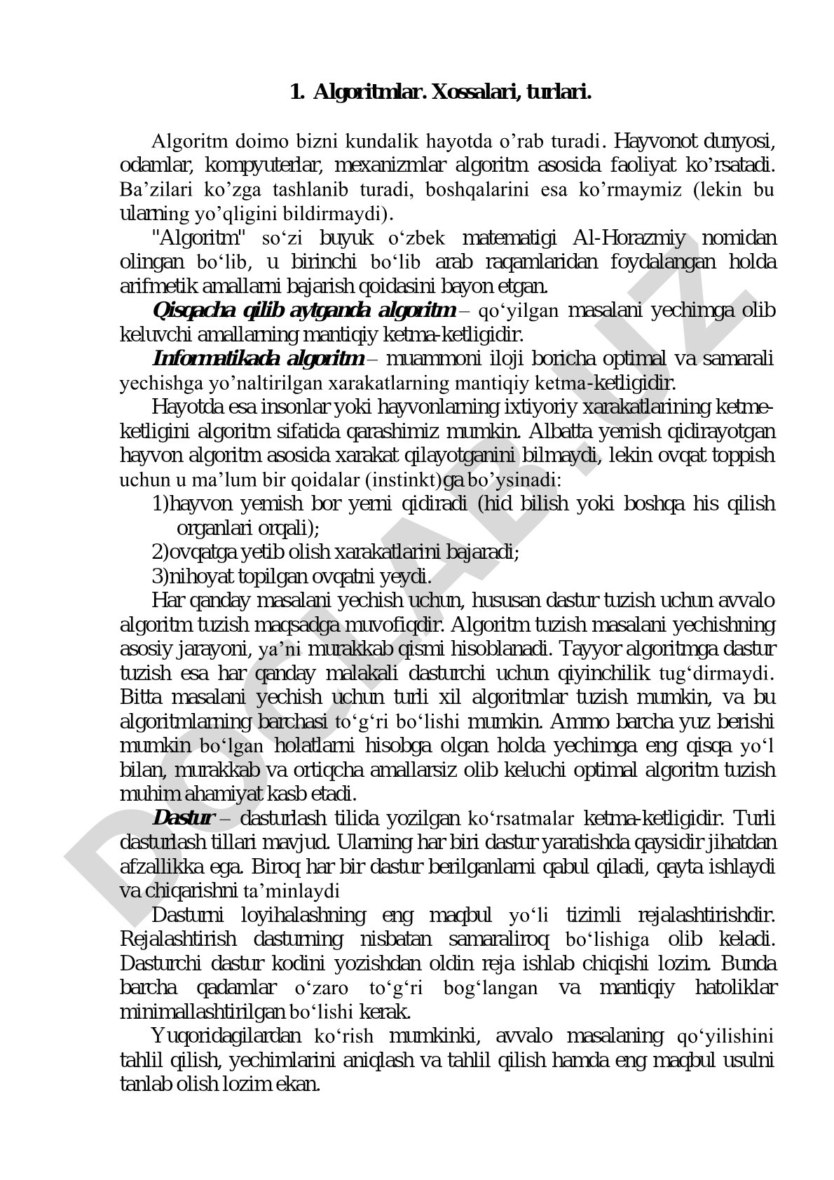 Algoritmlar, ularning xossalari va turlari haqida ma'lumot beruvchi matn