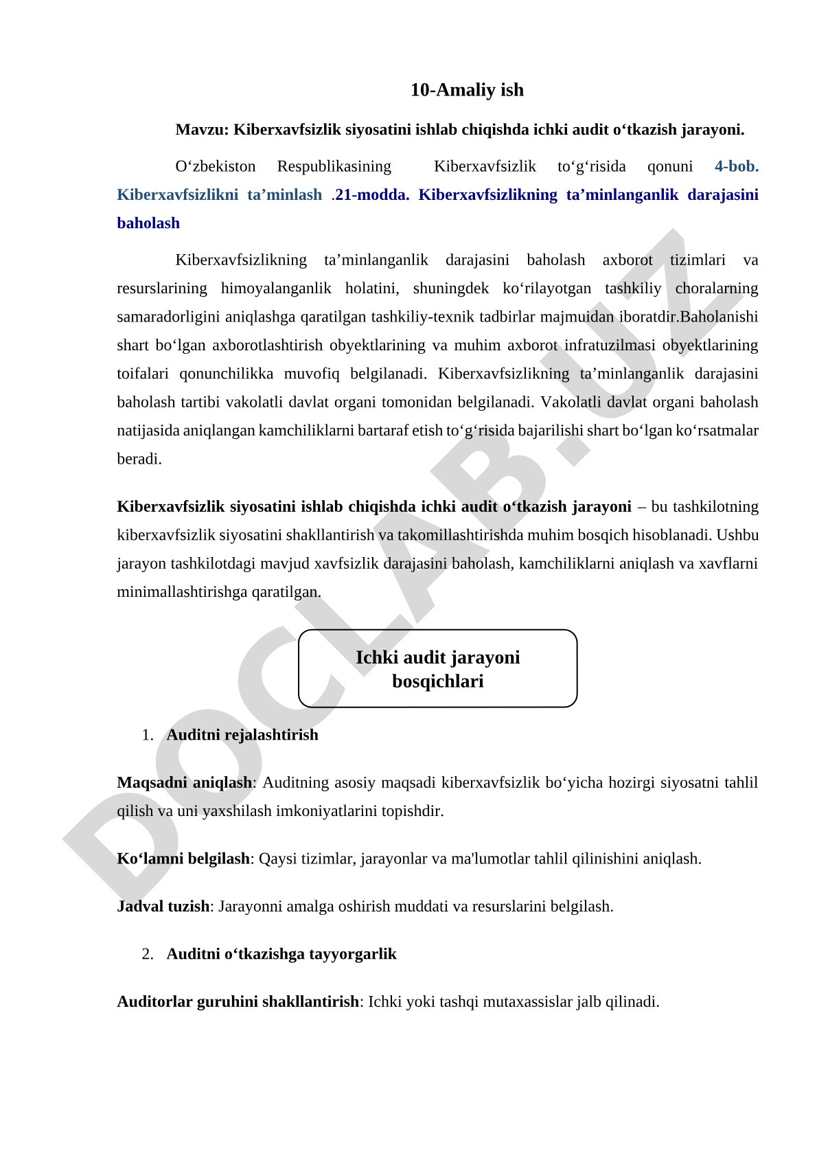 Kiberxavfsizlik siyosatini ishlab chiqishda ichki audit o‘tkazish jarayoni