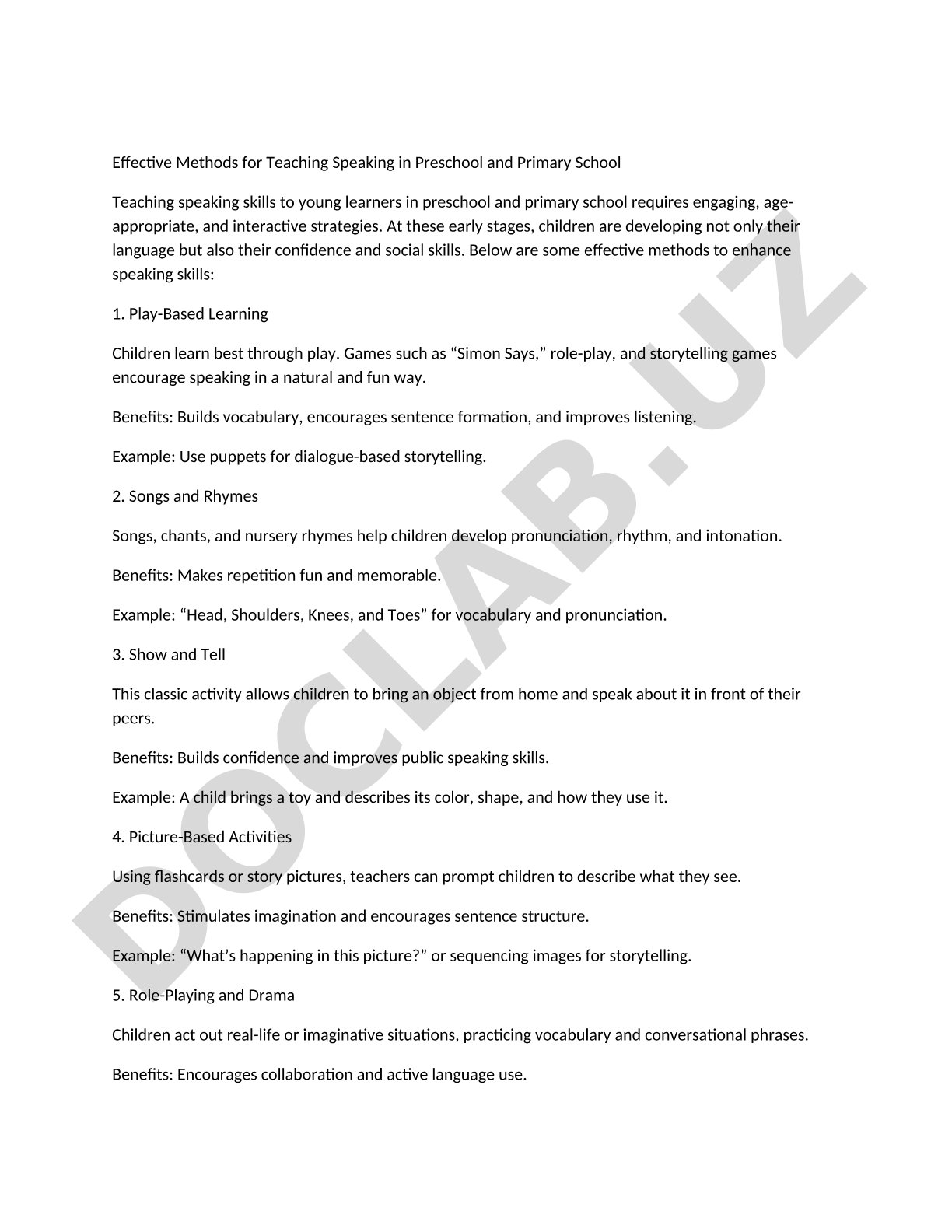 Effective Methods for Teaching Speaking in Preschool and Primary School