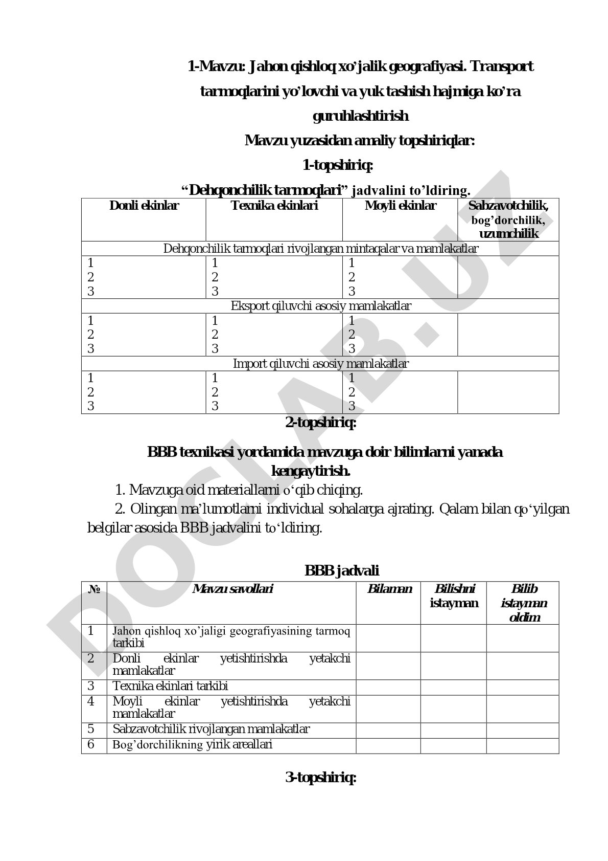 Jahon qishloq xo'jalik geografiyasi. Transport tarmoqlarini yo'lovchi va yuk tashish hajmiga ko'ra guruhlashtirish