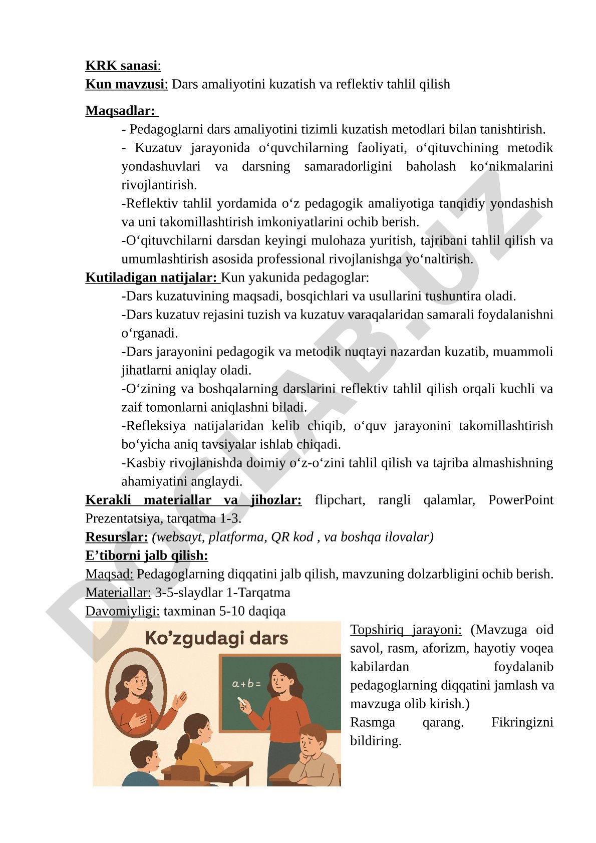 Dars amaliyotini kuzatish va reflektiv tahlil qilish