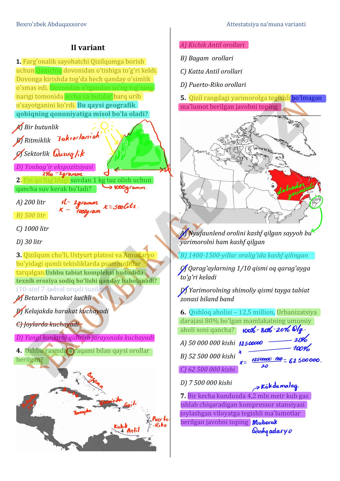 Attestatsiya na'muna varianti II variant