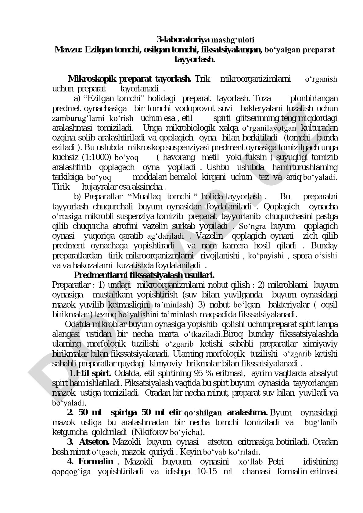 Ezilgan tomchi, osilgan tomchi, fiksatsiyalangan, bo'yalgan preparat tayyorlash