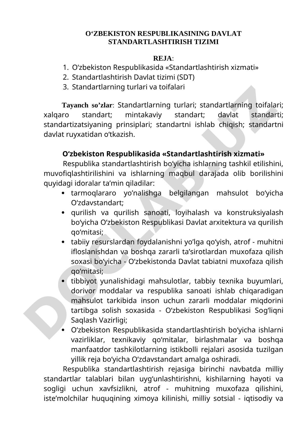 O‘zbekiston Respublikasining davlat standartlashtirish tizimi