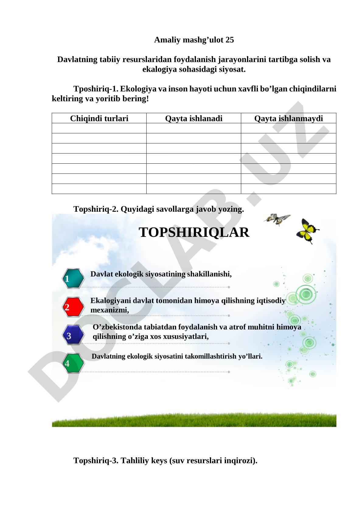 Davlatning tabiiy resurslaridan foydalanish jarayonlarini tartibga solish va ekologiya sohasidagi siyosat