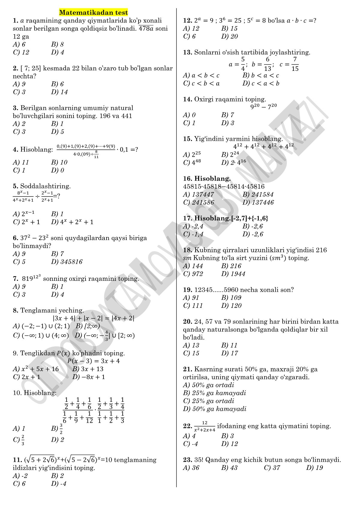 Matematikadan test