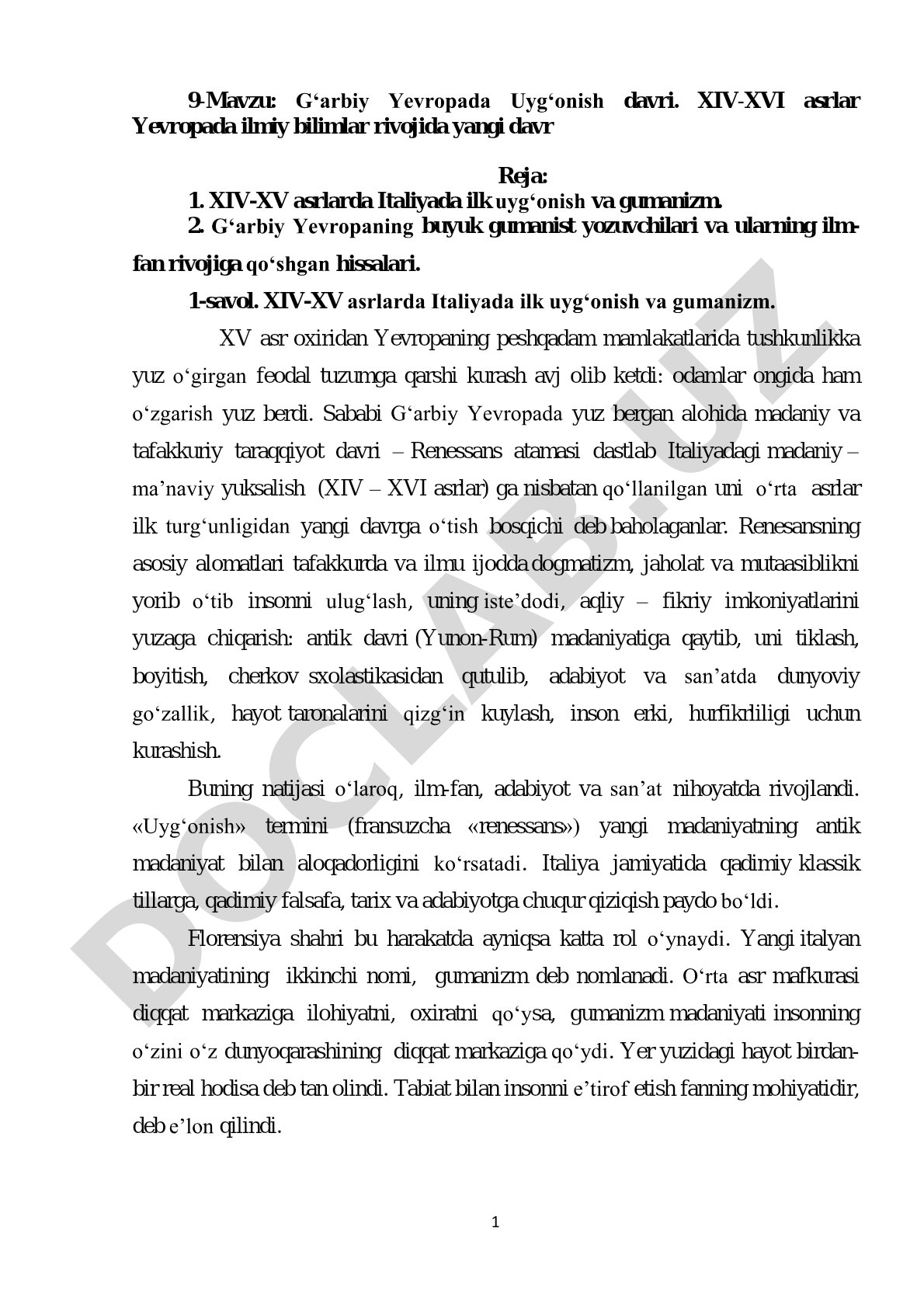 G'arbiy Yevropada Uyg'onish davri