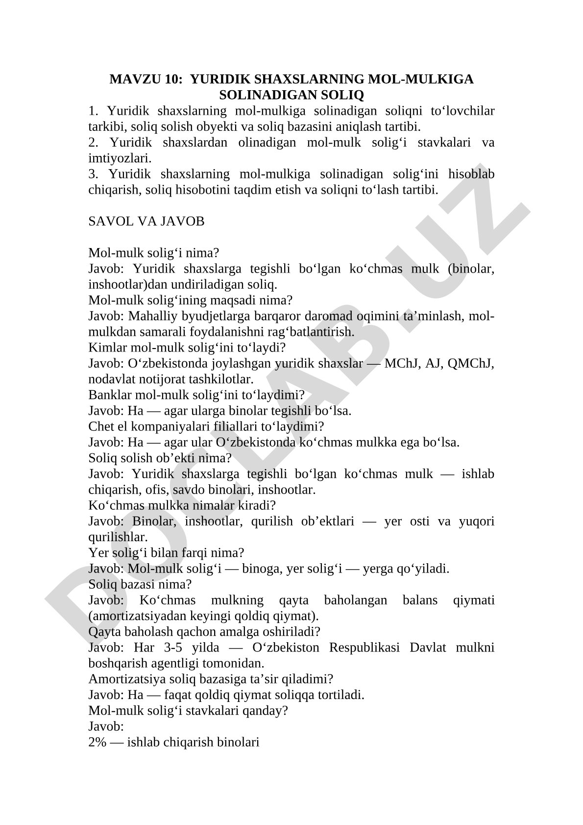 MAVZU 10: YURIDIK SHAXSLARNING MOL-MULKIGA SOLINADIGAN SOLIQ 1
