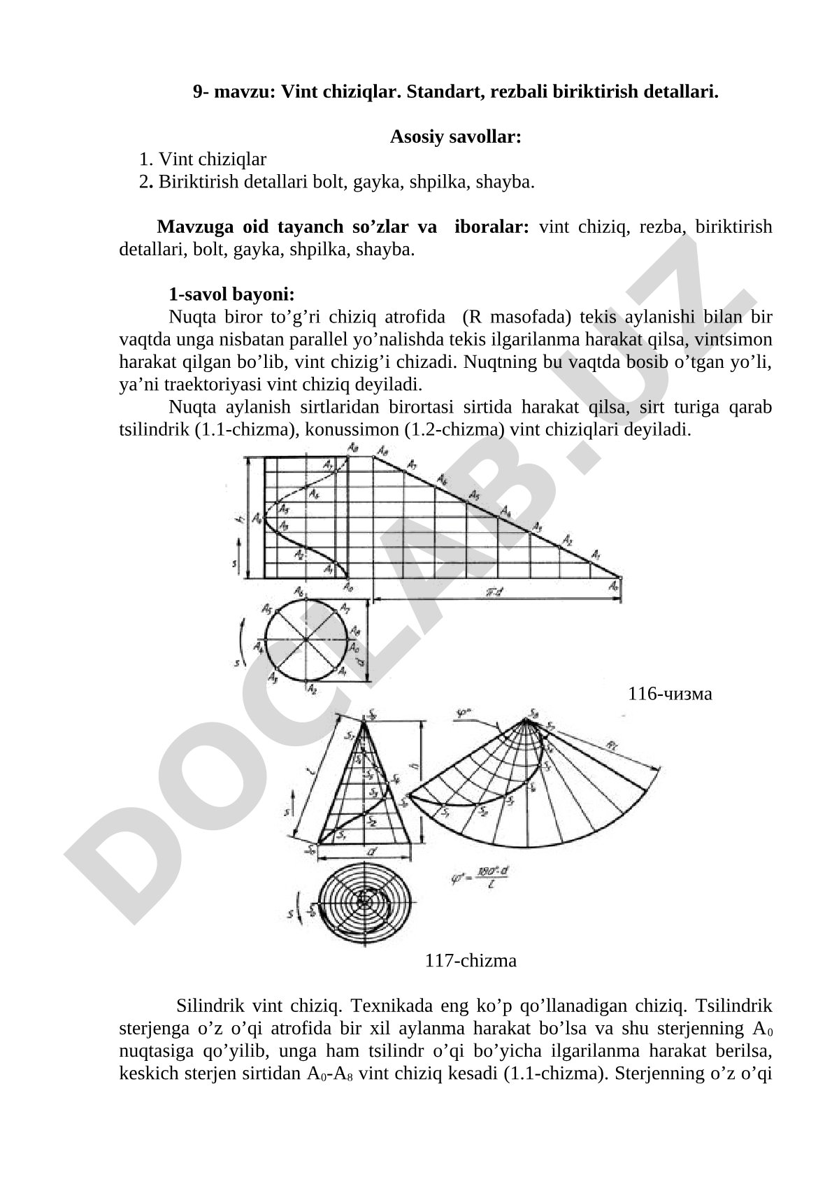 Vint chiziqlar. Standart, rezbali biriktirish detallari