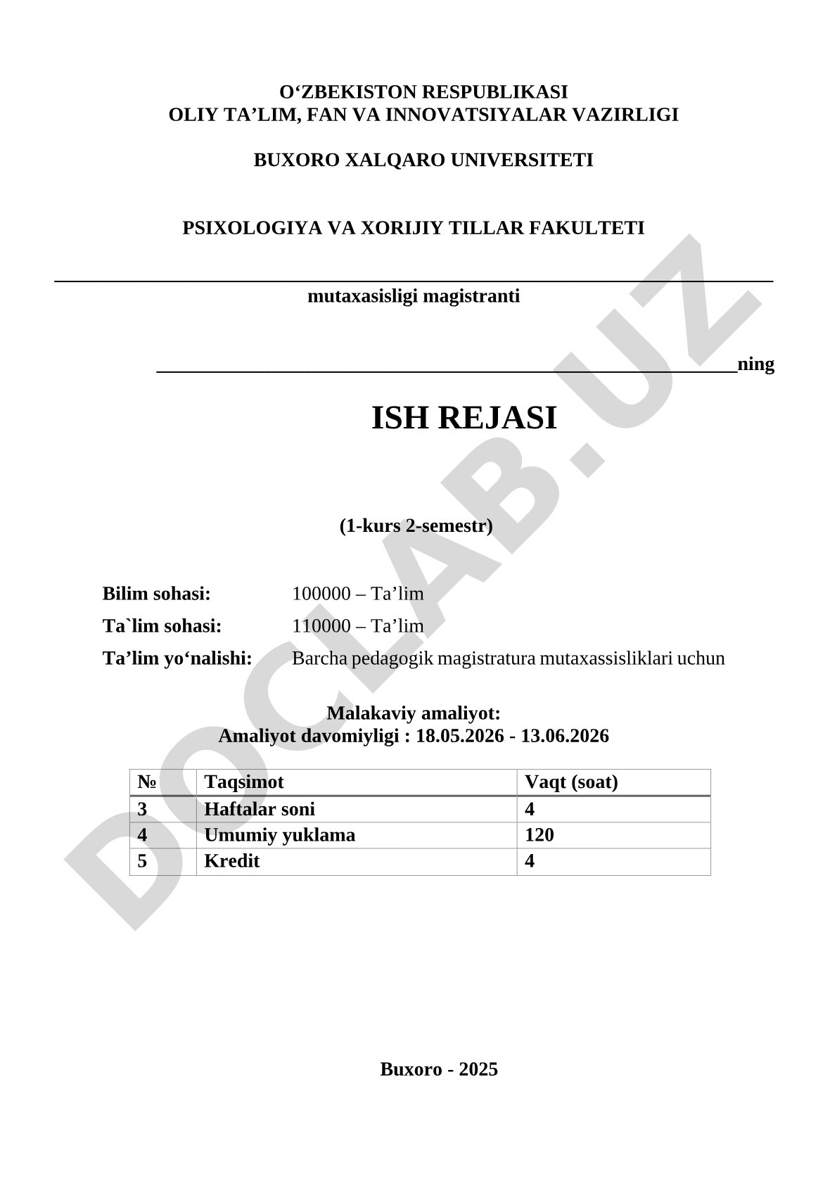 Magistrantning malakaviy amaliyot kalendar rejasi
