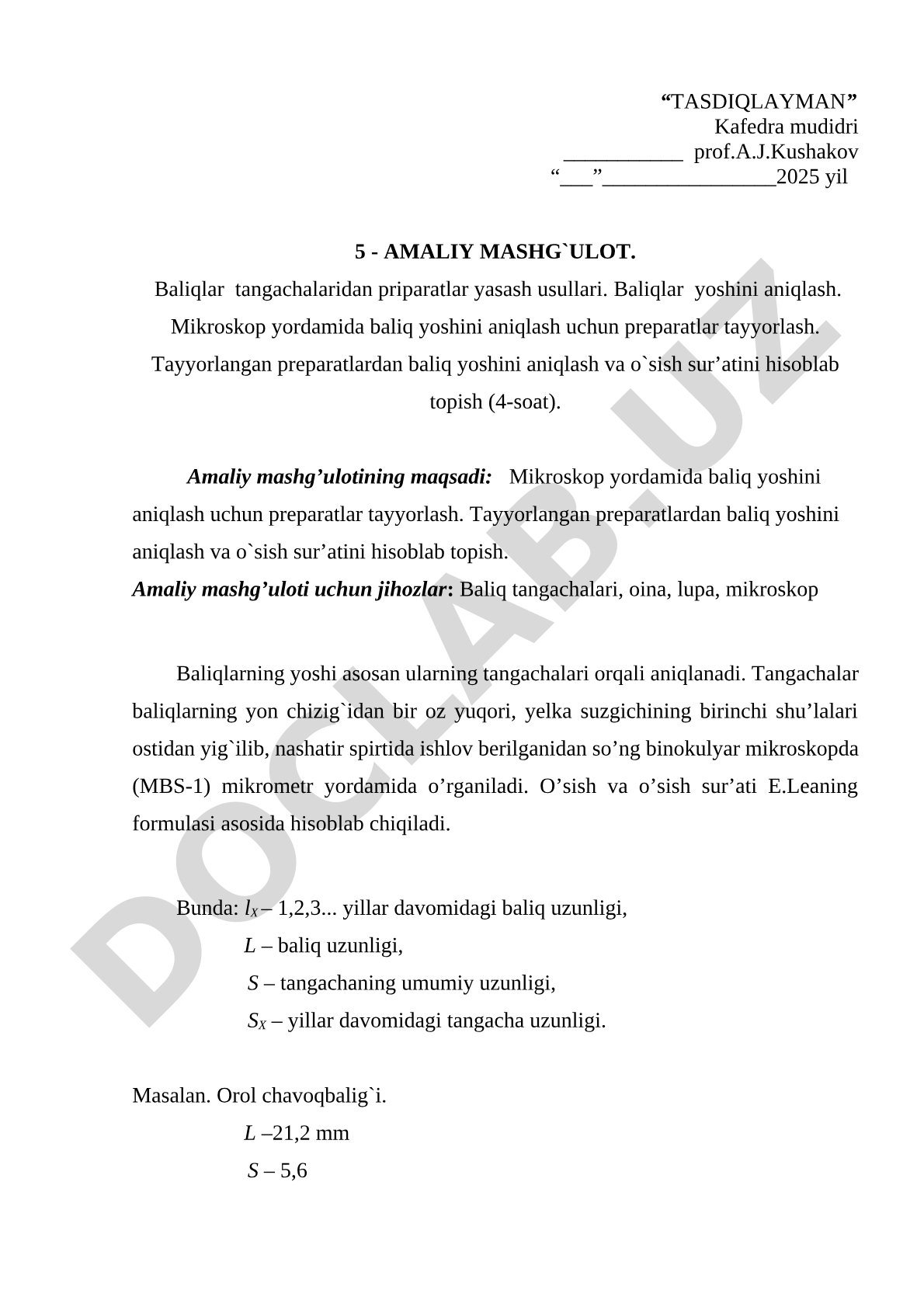 Baliqlar tangachalaridan preparatlar yasash usullari va yoshini aniqlash