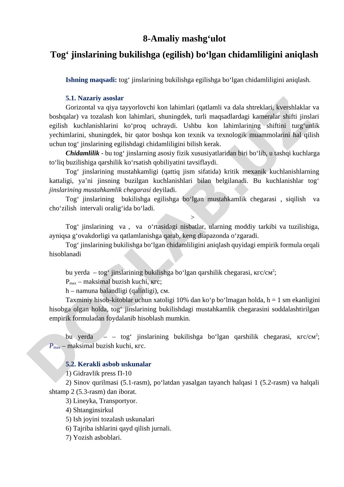 Tog‘ jinslarining bukilishga (egilish) bo‘lgan chidamliligini aniqlash