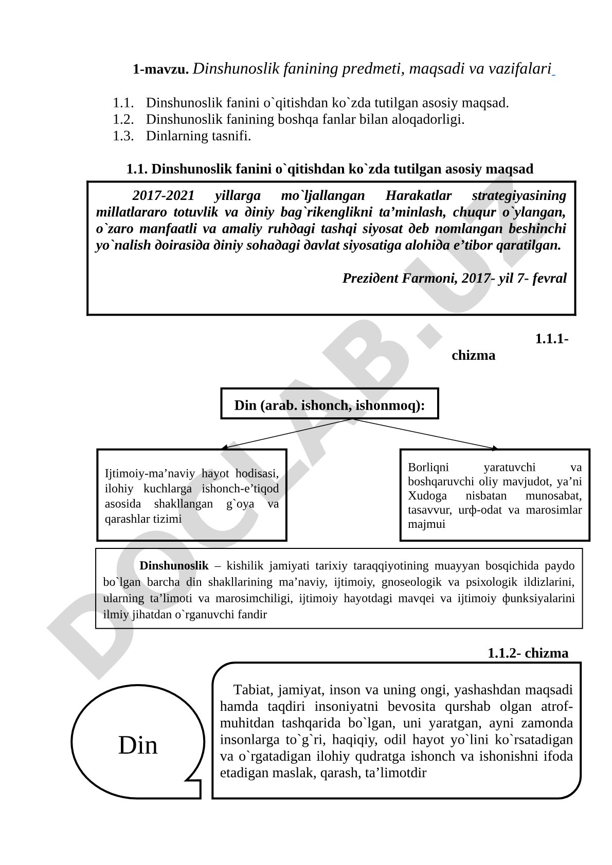 Dinshunoslik fanining predmeti, maqsadi va vazifalari