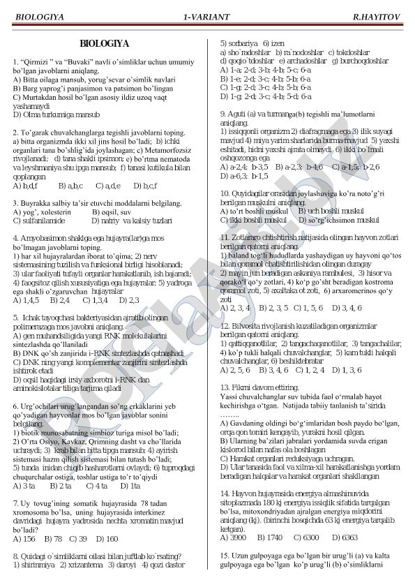 Biologiya fanidan test savollari va javoblari