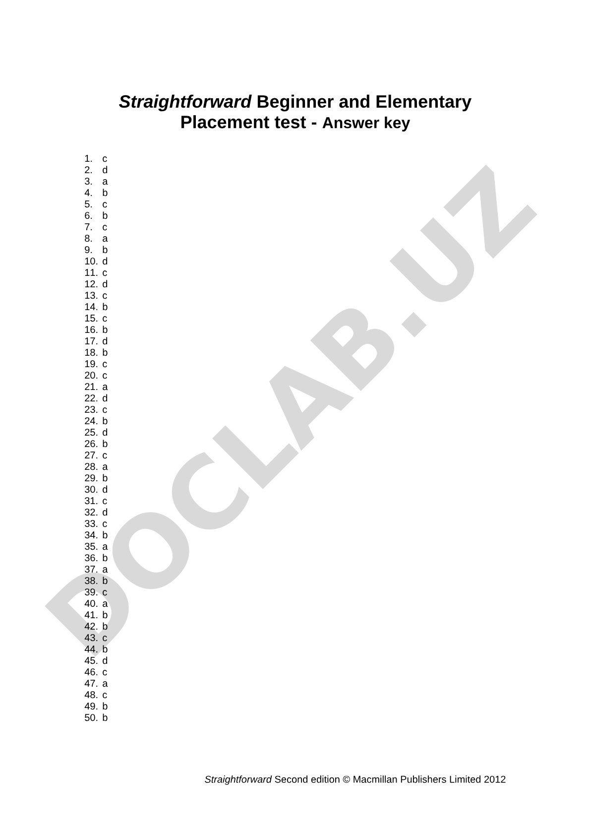 Straightforward Beginner and Elementary Placement test - Answer key