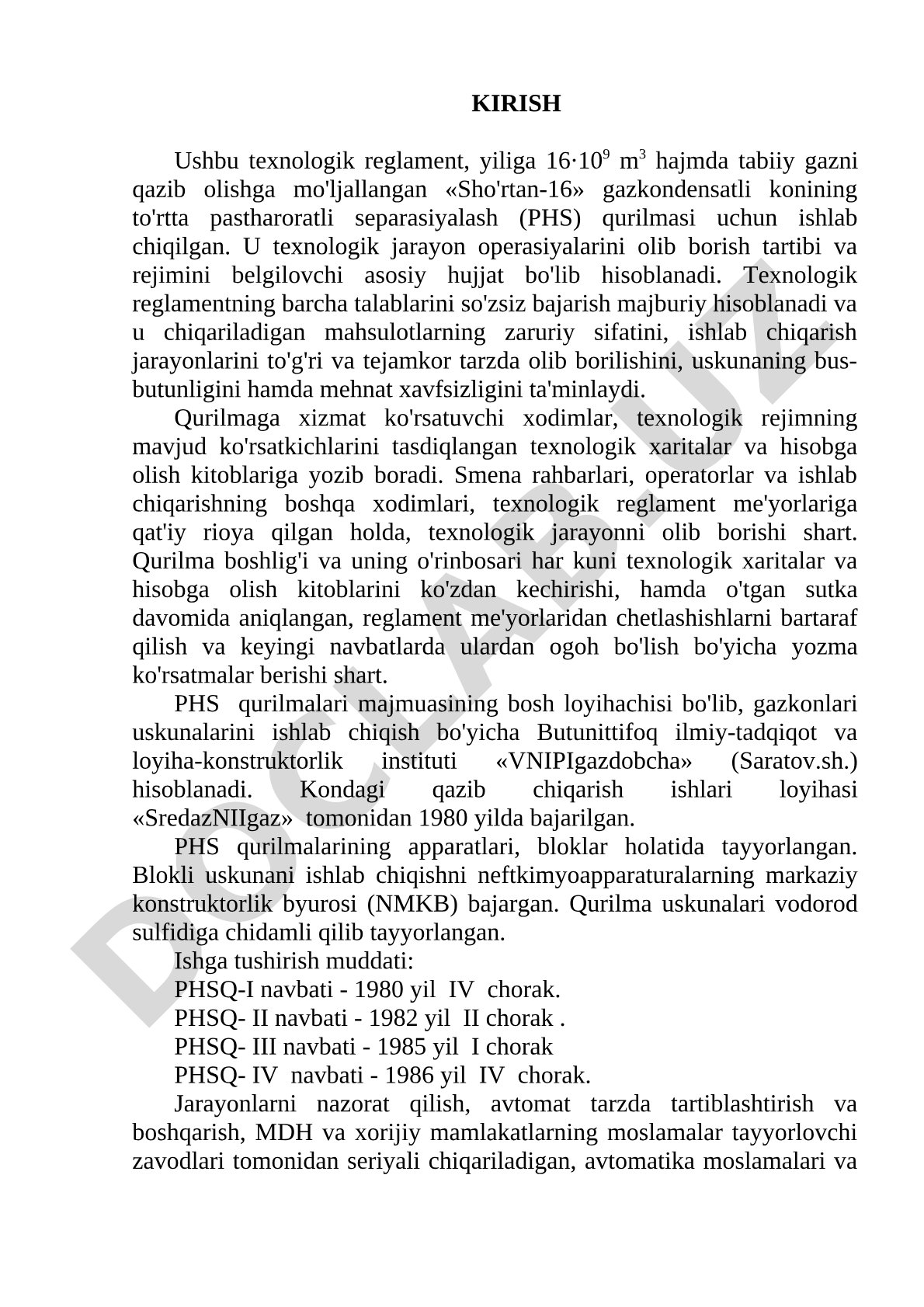 Sho'rtan-16 koni PHS qurilmasi texnologik reglamenti