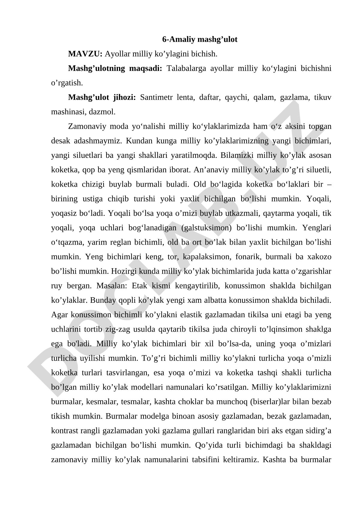 Ayollar milliy ko'ylagini bichish