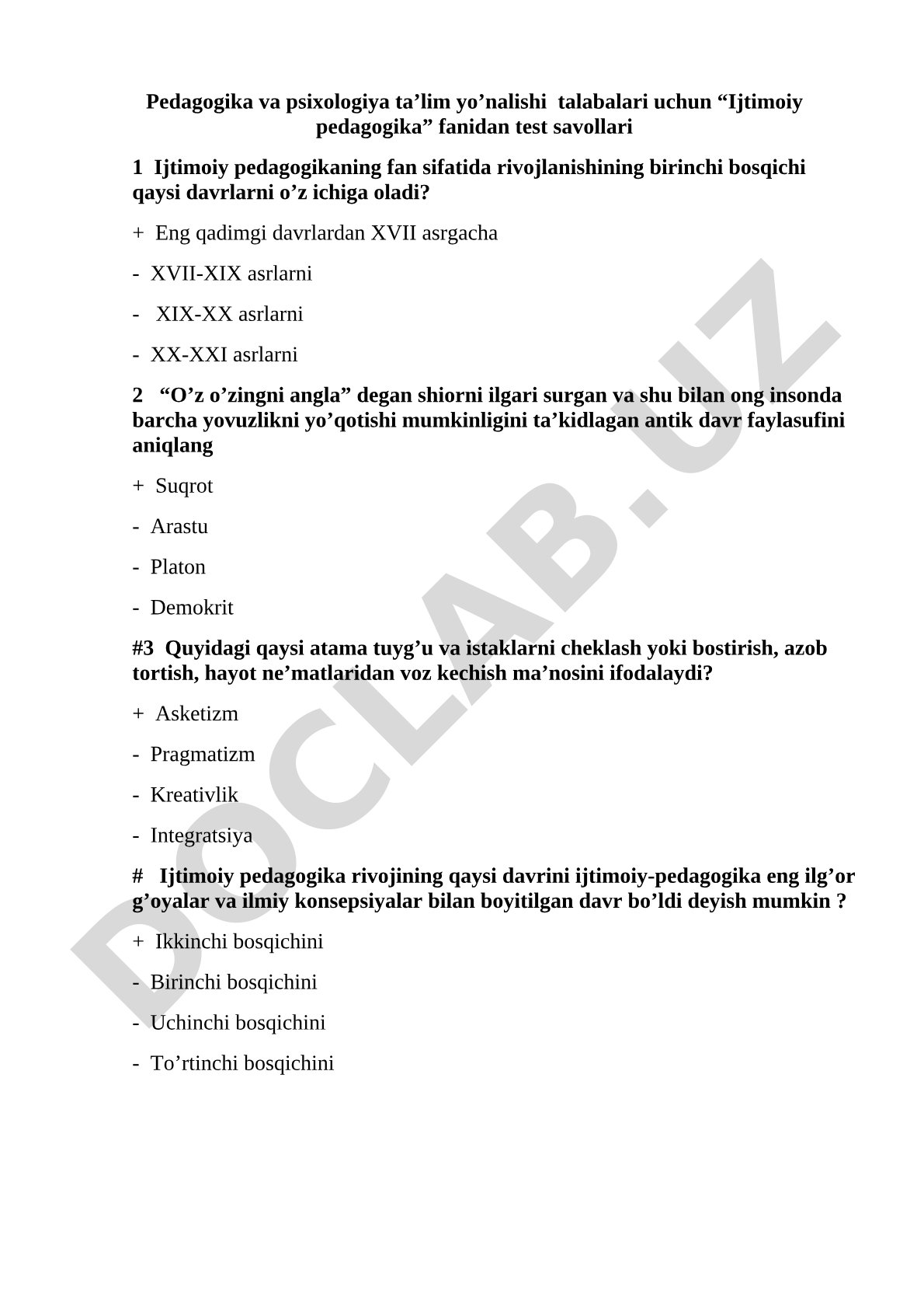 Ijtimoiy pedagogika fanidan test savollari