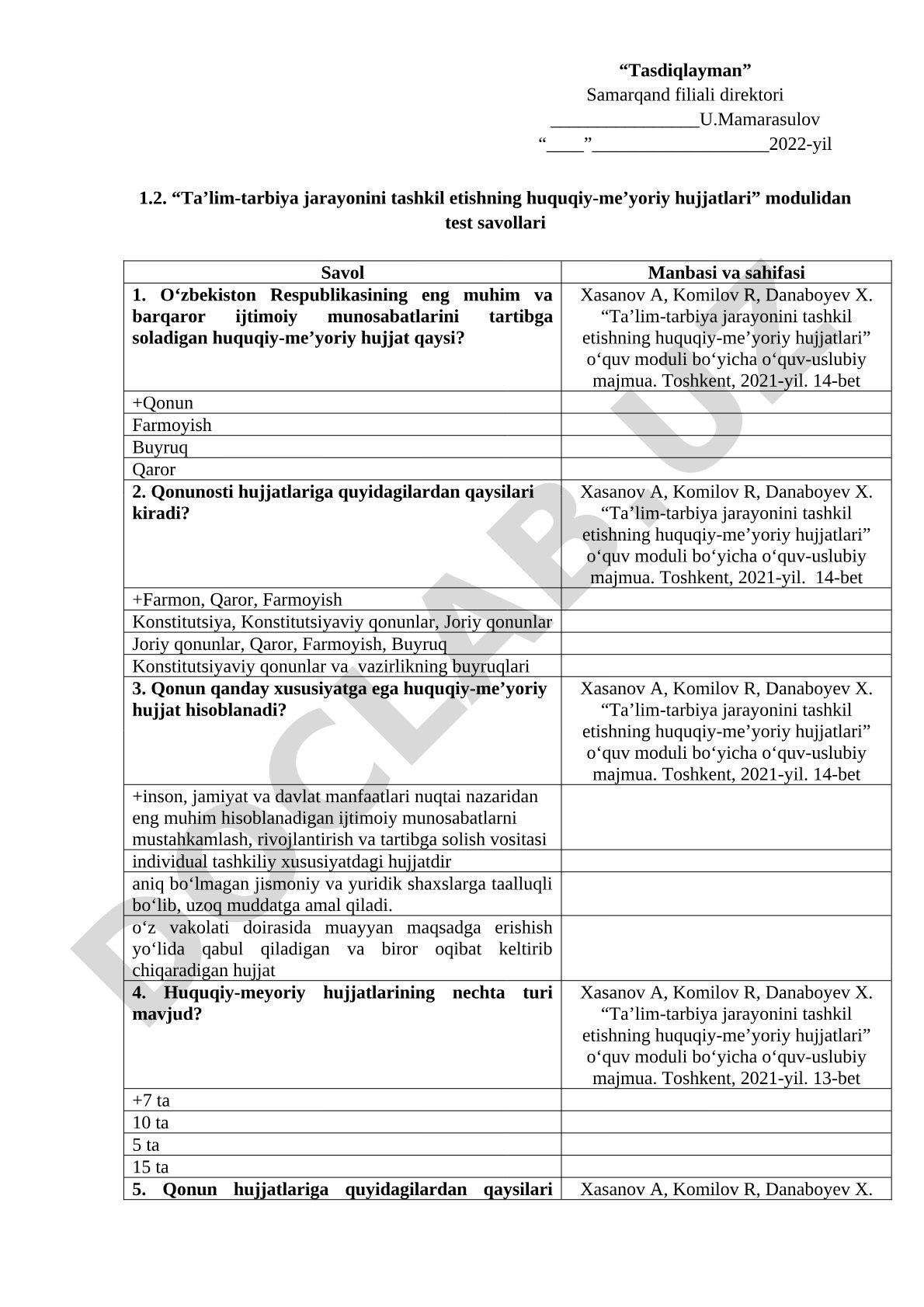 Taʼlim-tarbiya jarayonini tashkil etishning huquqiy-meʼyoriy hujjatlari modulidan test savollari