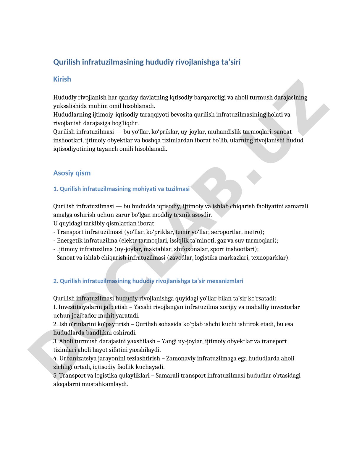Qurilish infratuzilmasining hududiy rivojlanishga ta’siri