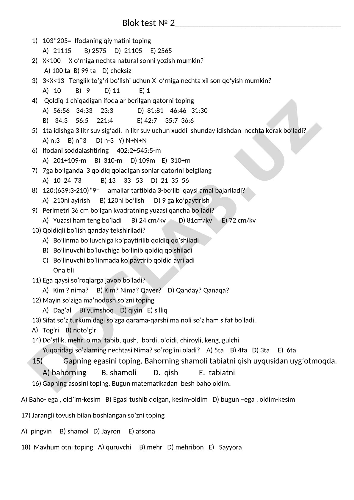 Matematika va ona tili blok testi
