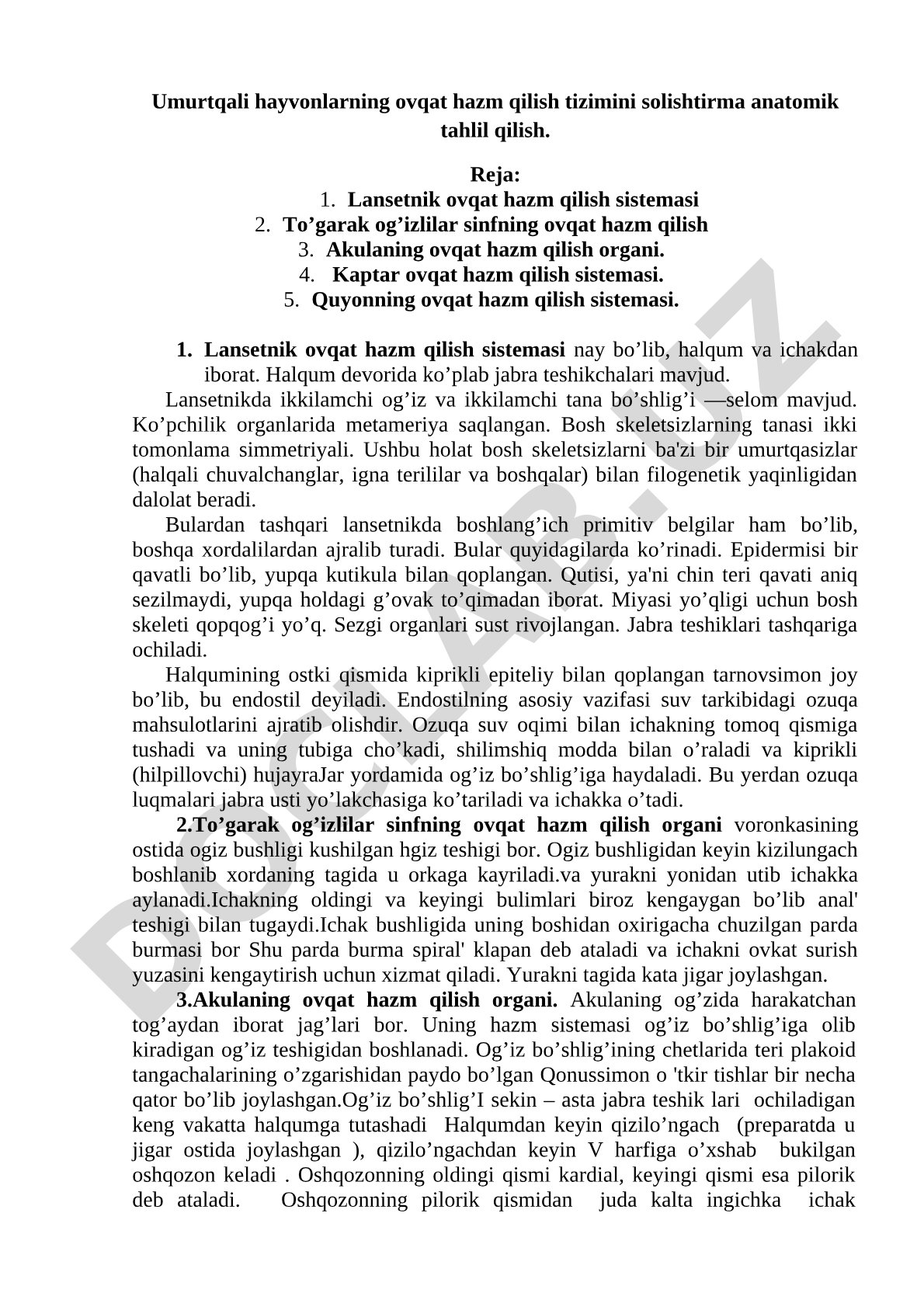 Umurtqali hayvonlarning ovqat hazm qilish tizimini solishtirma anatomik tahlil qilish