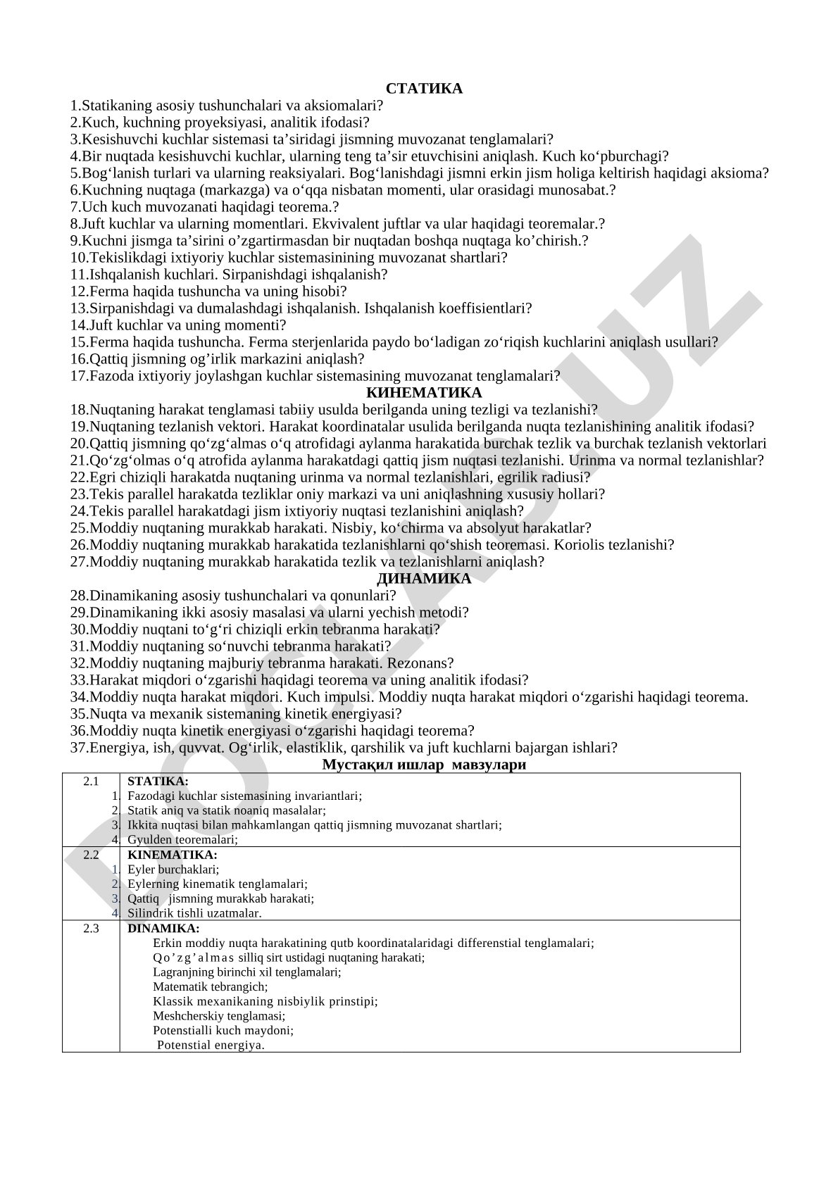 Statika fanidan test savollari