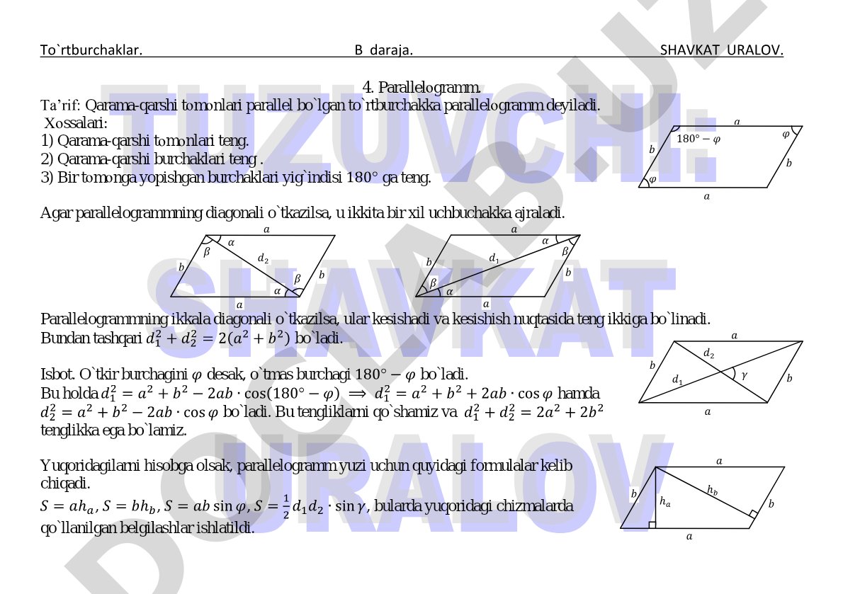 Parallelogrammning ta'rifi, xossalari va yuzini hisoblash