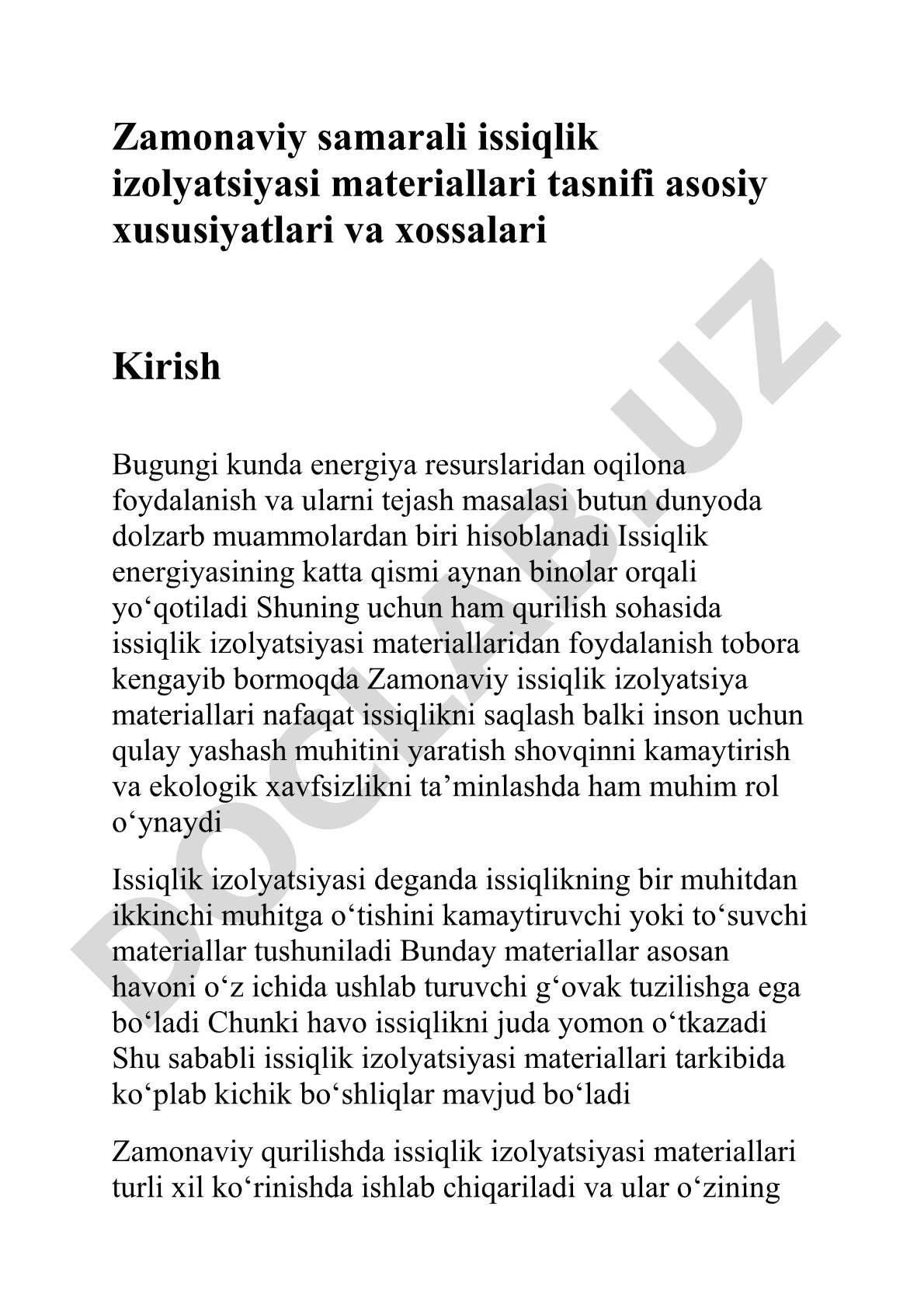 Zamonaviy samarali issiqlik izolyatsiyasi materiallari tasnifi asosiy xususiyatlari va xossalari