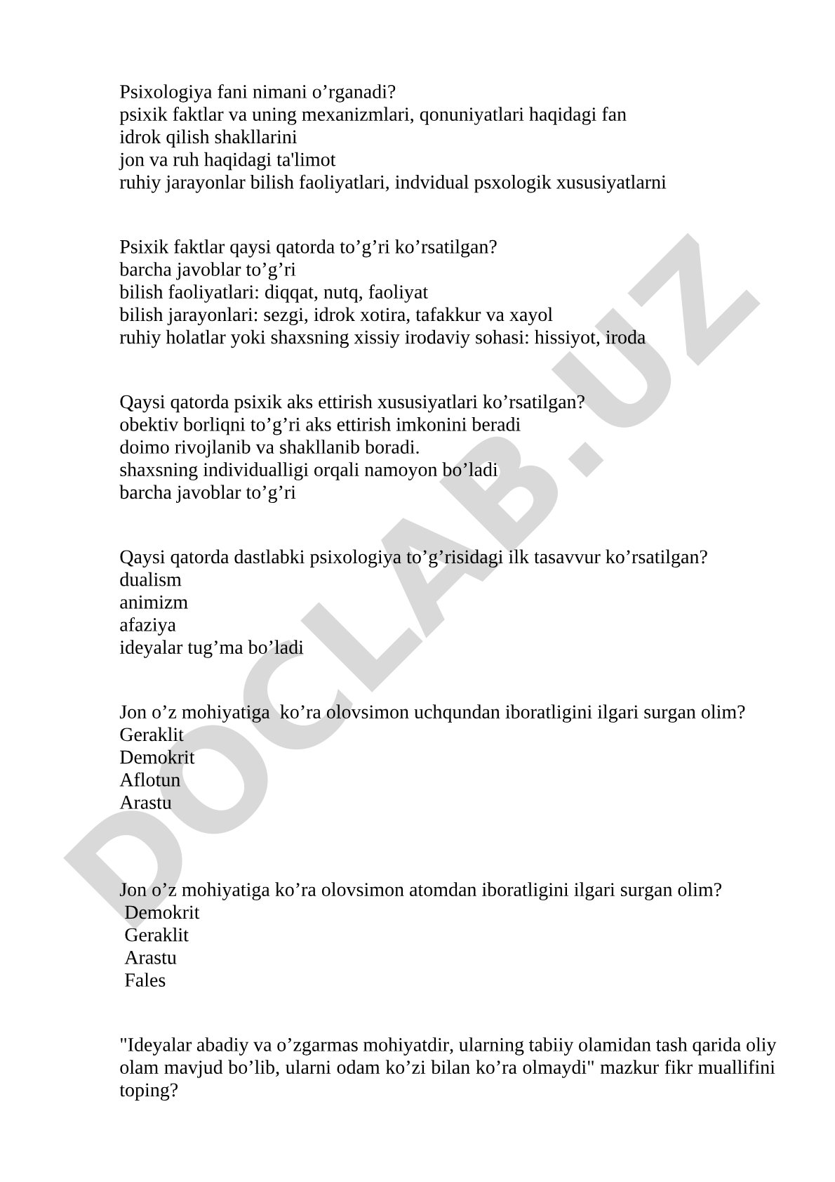 Psixologiya fani asoslari bo'yicha test savollari