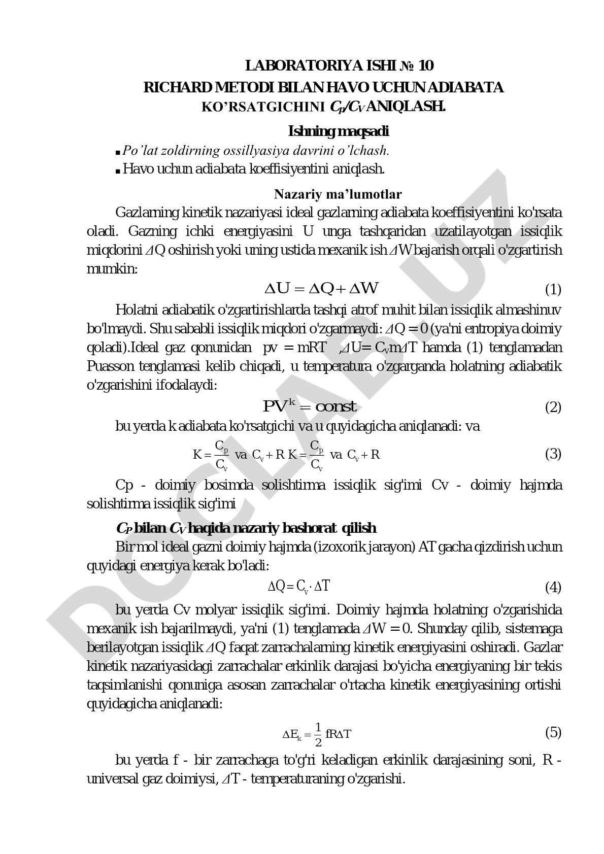 Richard metodi bilan havo uchun adiabata ko’rsatgichini Cp/CV aniqlash