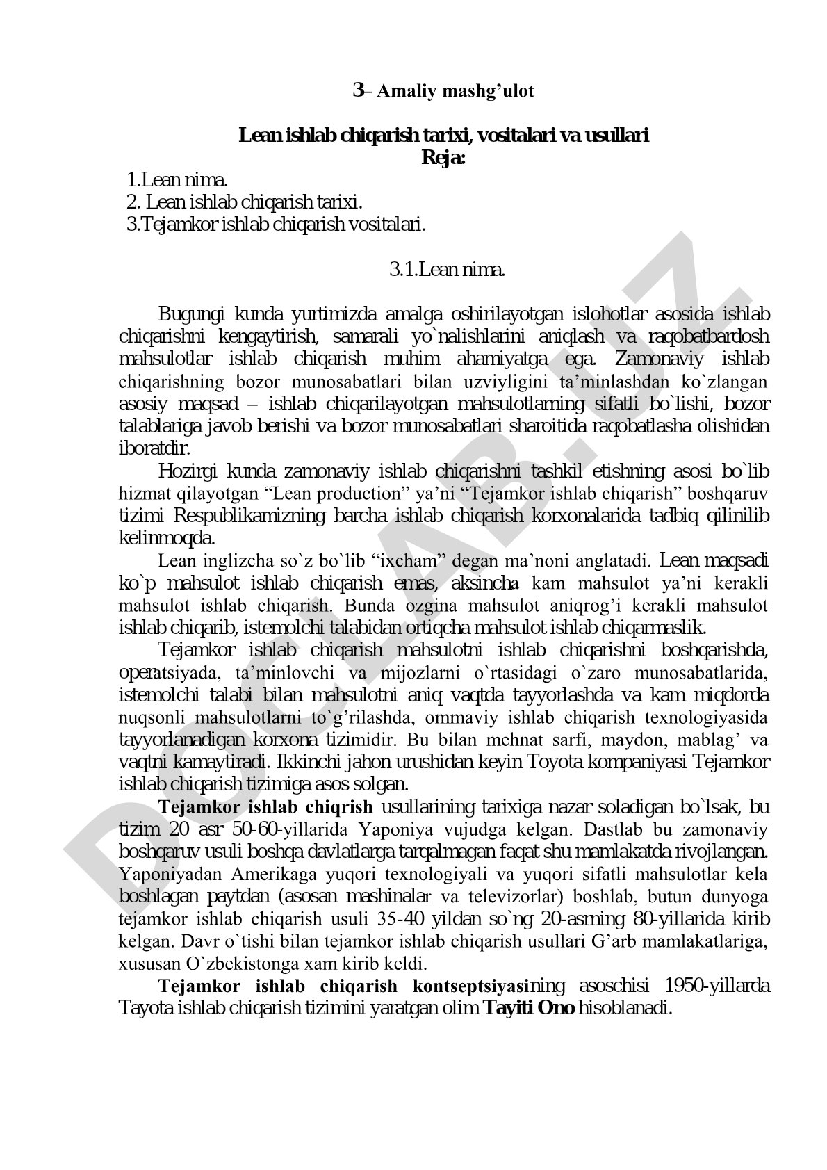 Lean ishlab chiqarish tarixi, vositalari va usullari