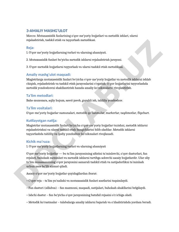 Mutaxassislik fanlarining o‘quv me’yoriy hujjatlari va metodik ishlari, ularni rejalashtirish, tashkil etish va tayyorlash metodikasi