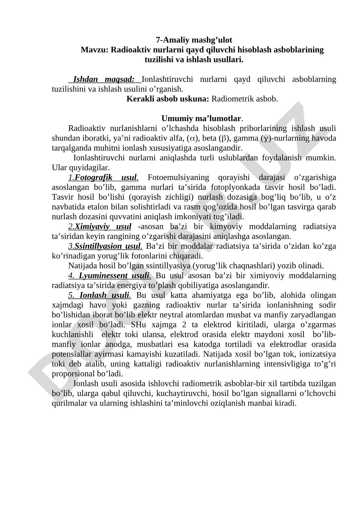 Radioaktiv nurlarni qayd qiluvchi hisoblash asboblarining tuzilishi va ishlash usullari
