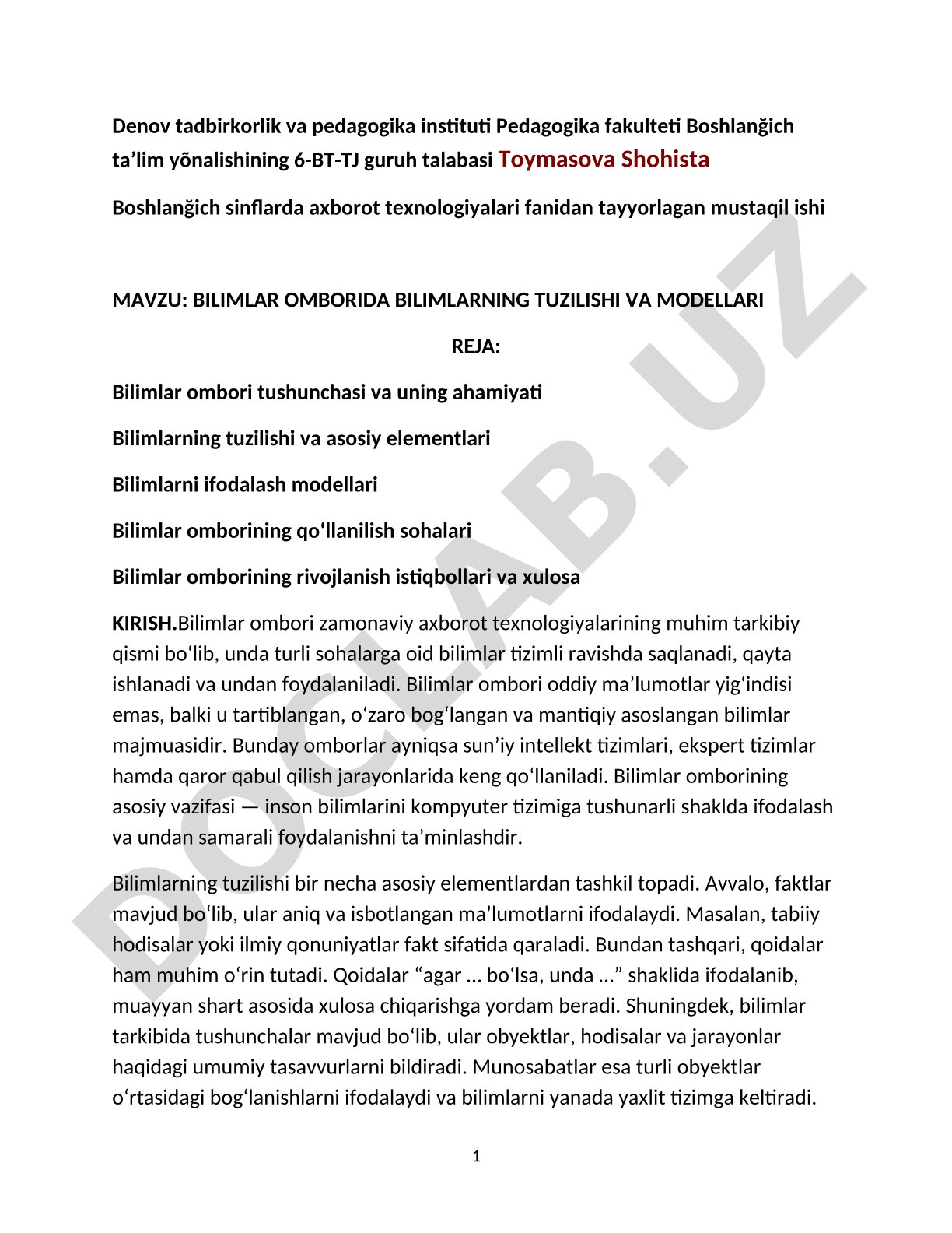 Bilimlar omborida bilimlarning tuzilishi va modellari