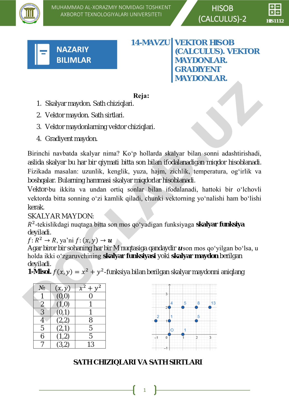 Vektor hisob (Calculus). Vektor maydonlar. Gradiyent maydonlar.