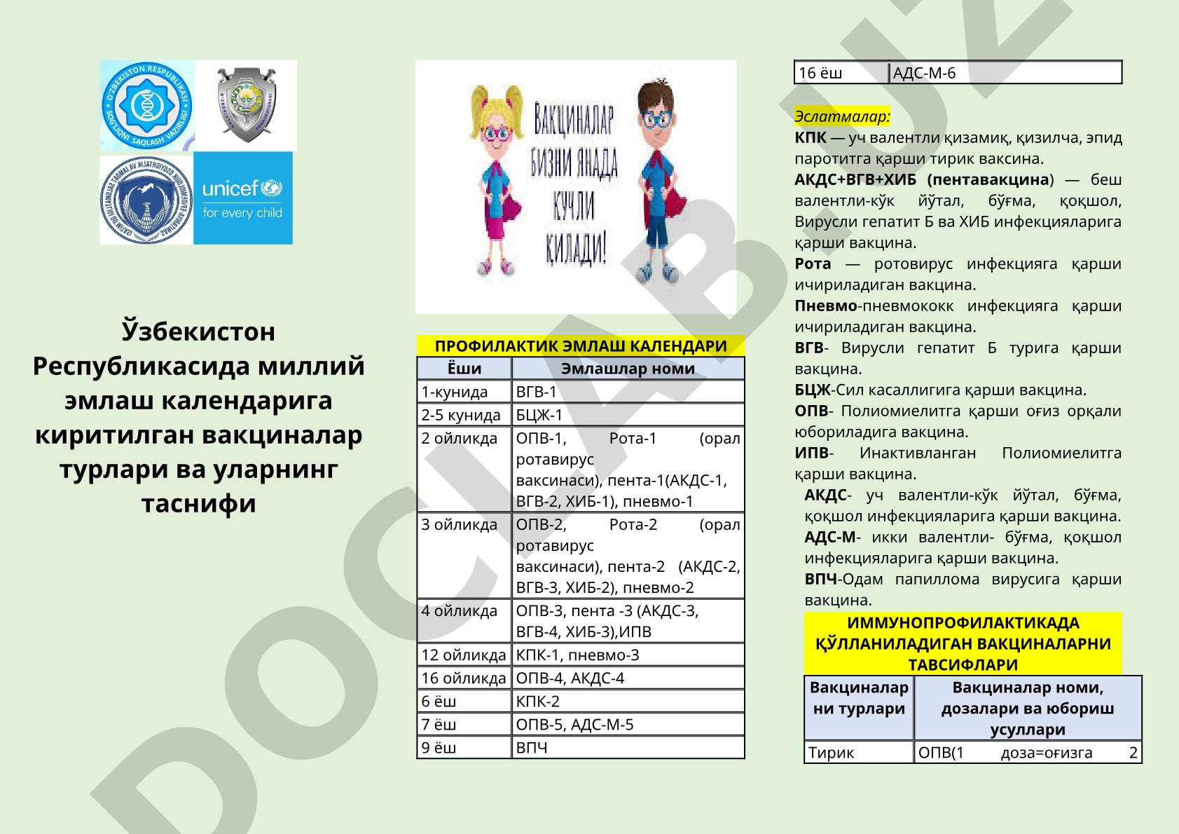 Ўзбекистон миллий эмлаш календари вакциналари таснифи