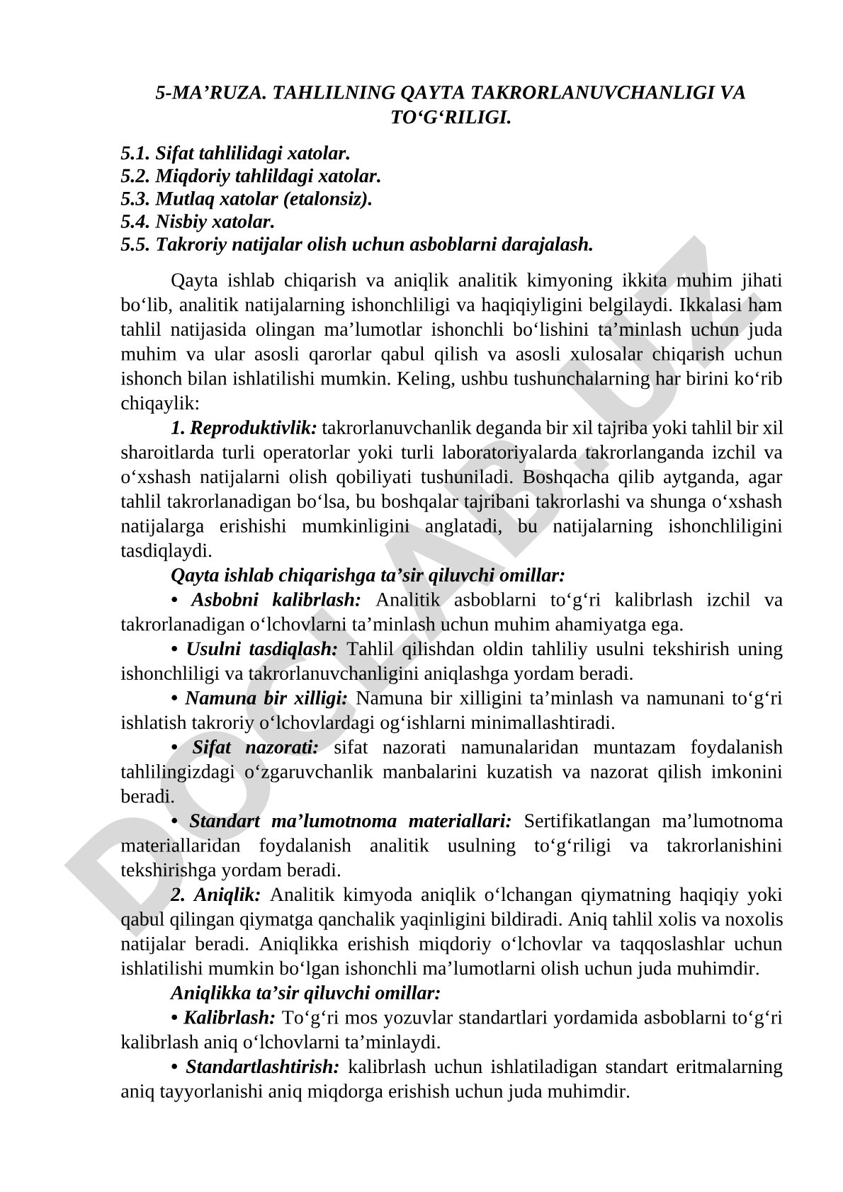 Tahlilning qayta takrorlanuvchanligi va to‘g‘riligi