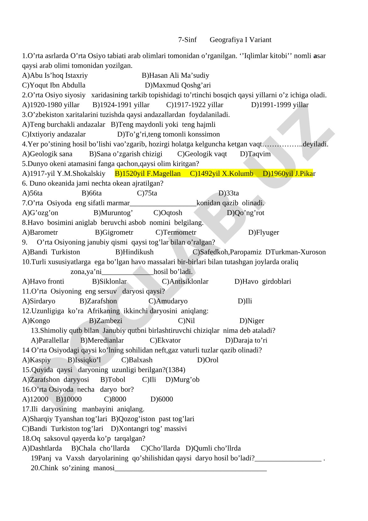 7-Sinf Geografiya I Variant