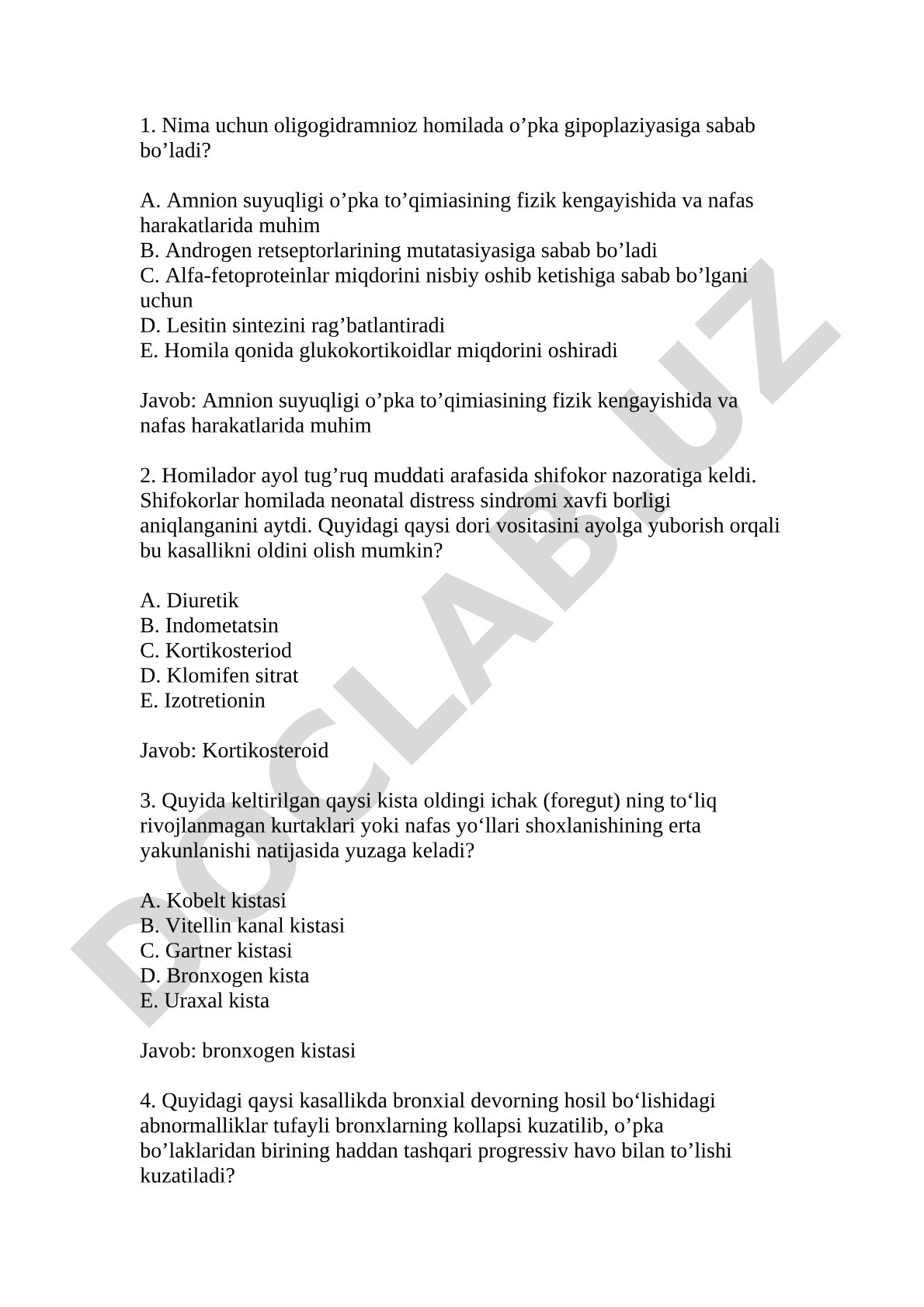 Homila va neonatal patologiyalar bo'yicha test savollari