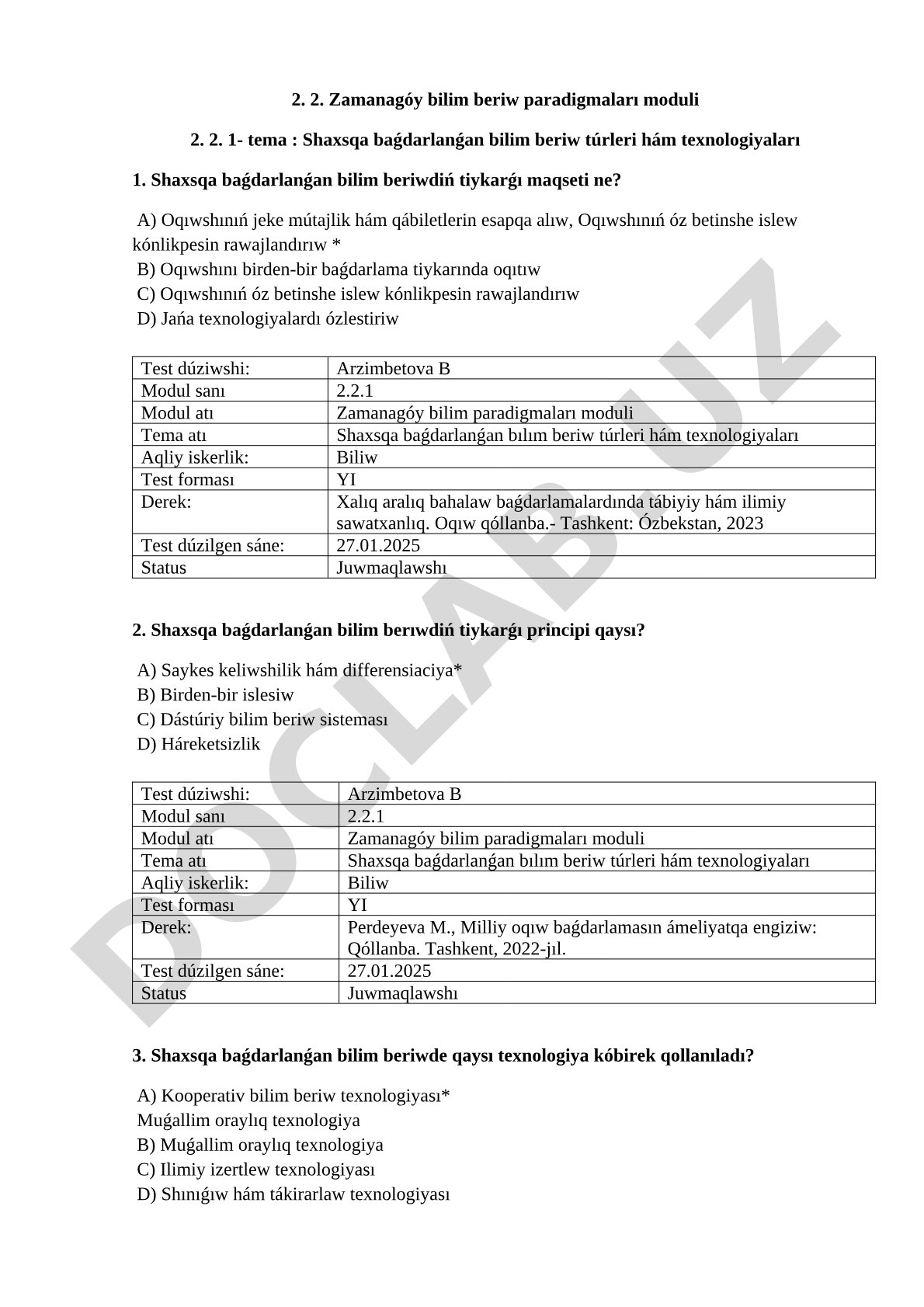 Shaxsqa baǵdarlanǵan bilim beriw túrleri hám texnologiyaları
