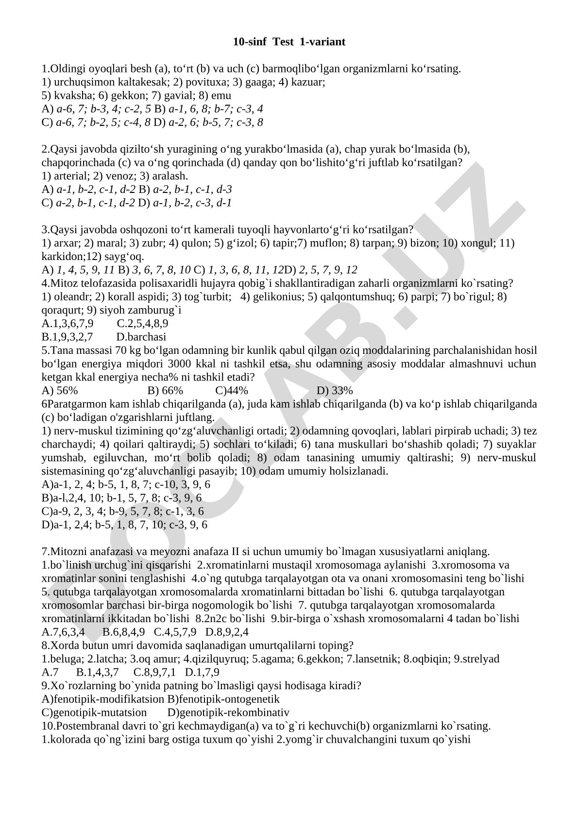 10-sinf Test 1-variant